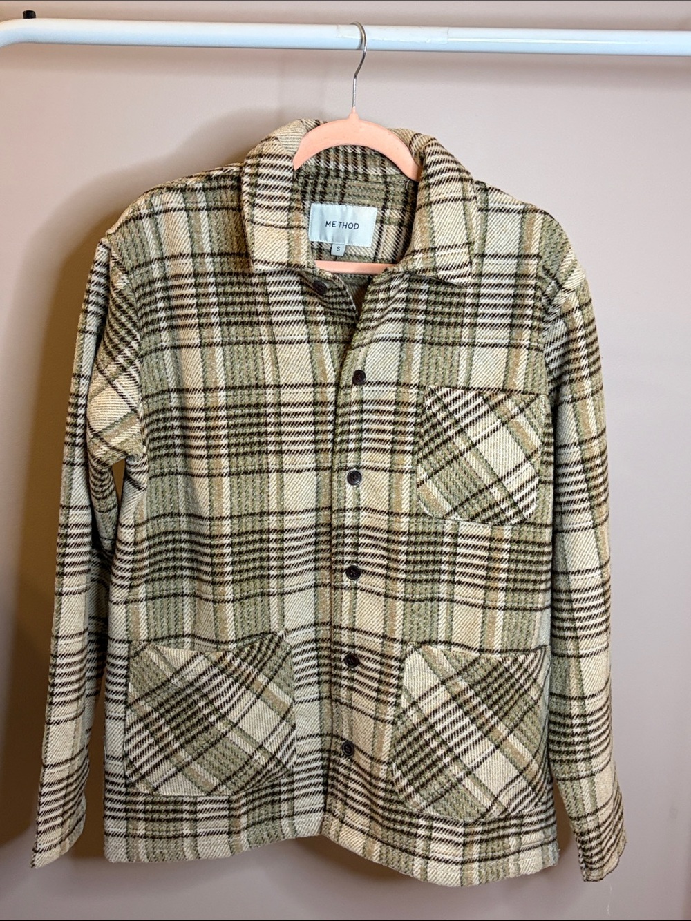 NWT METHOD Tan & Brown Plaid Button-Down Shacket | Size Small